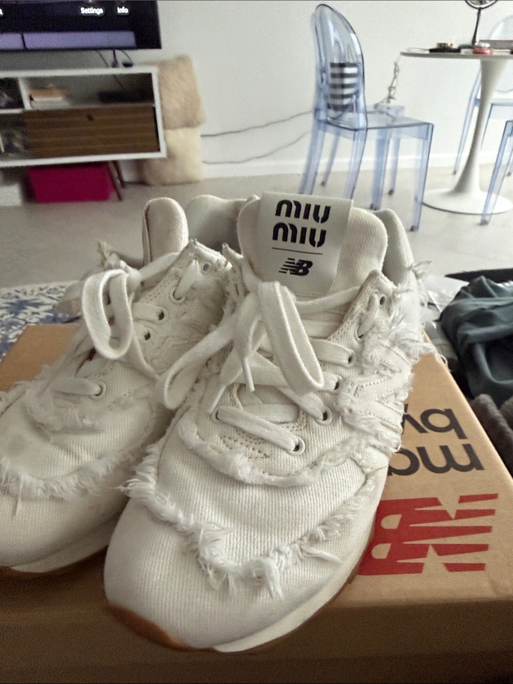 Miu Miu x New Balance Women’s White Frayed Canvas Sneakers on